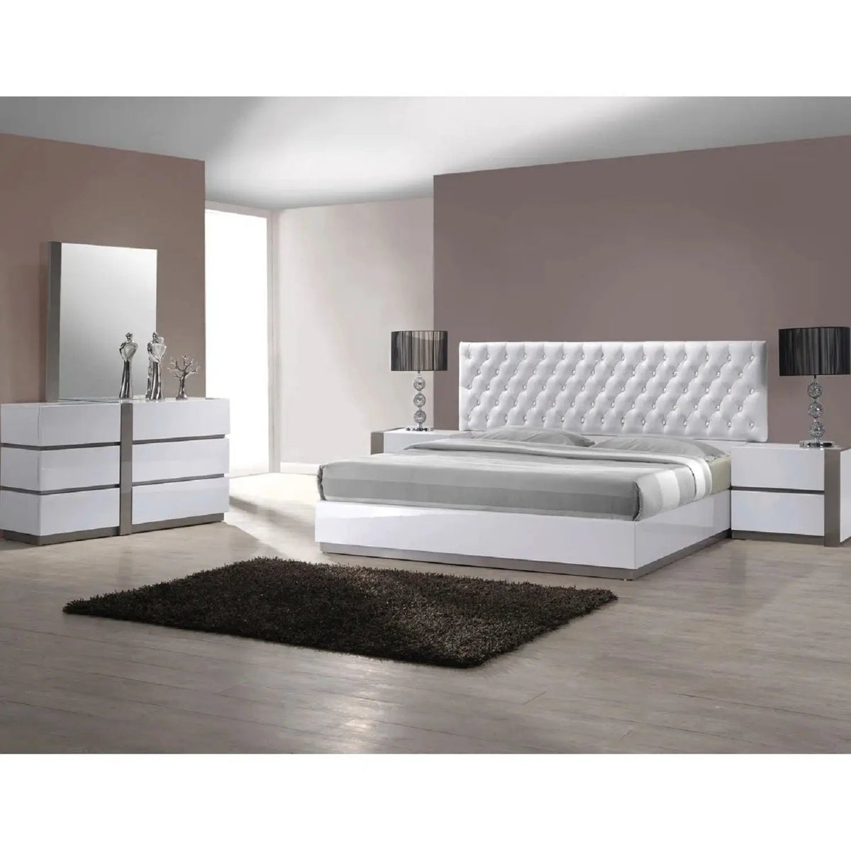 Nightstand | Two Drawers | High Gloss Finish | White Silver