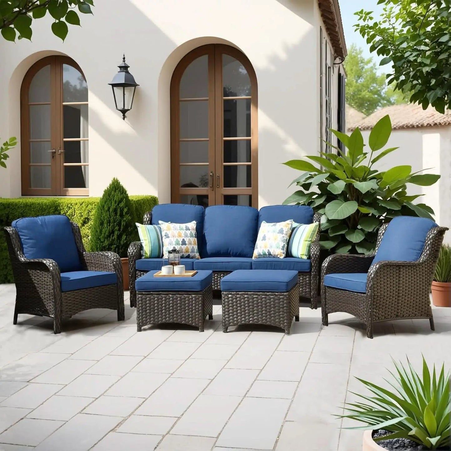 Five Piece Outdoor Wicker Patio Set With Cushions Navy Blue from PriceLows™