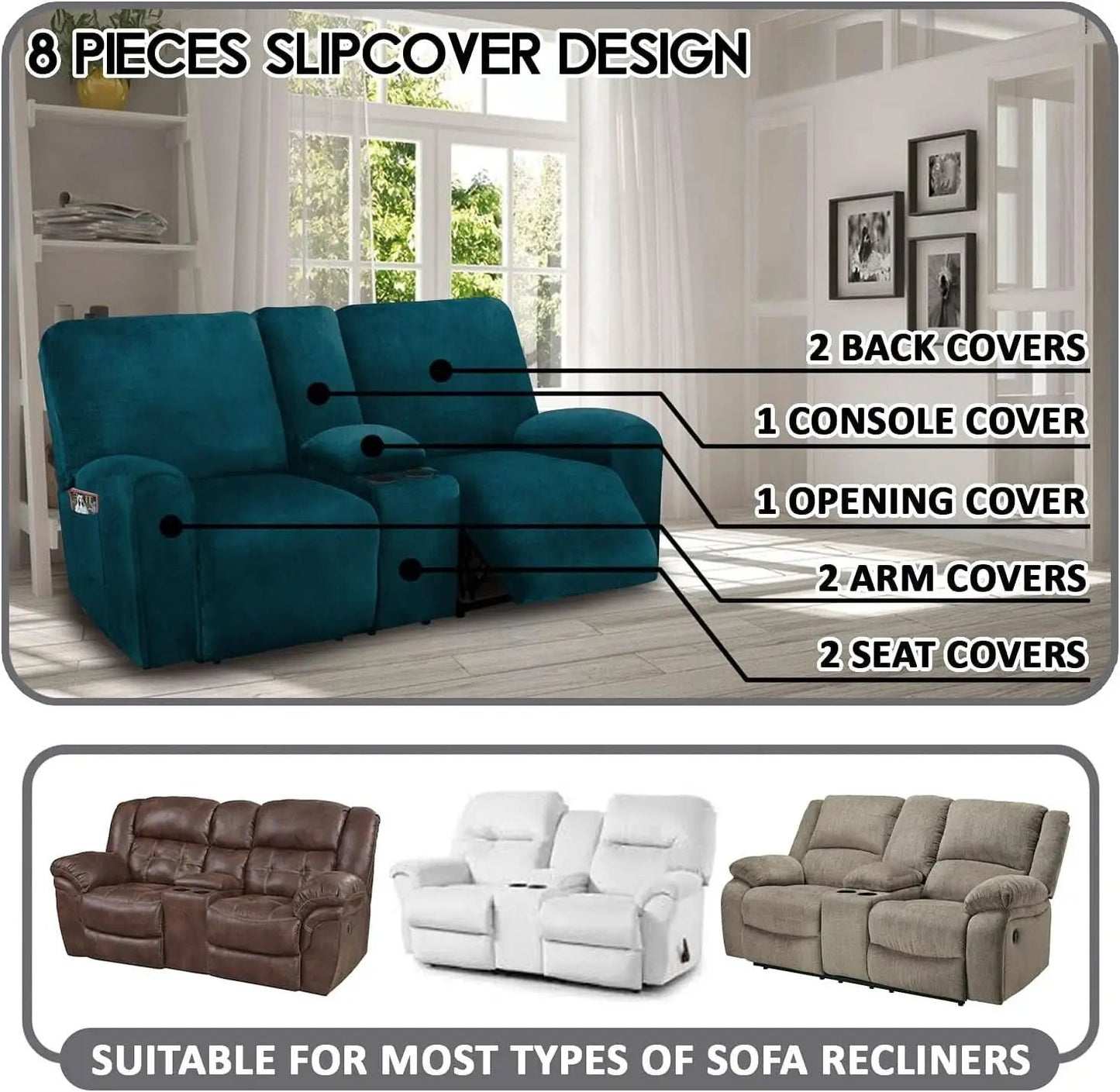 Deep Teal Velvet 8 Piece Reclining Loveseat Cover Set from PriceLows™