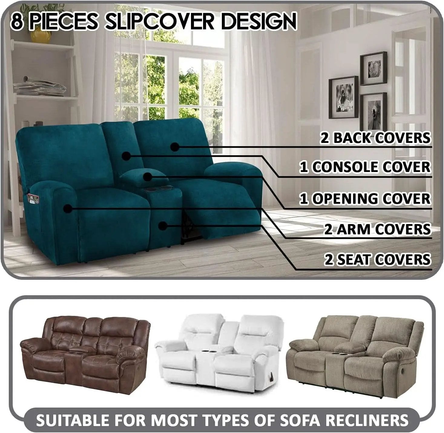 Deep Teal Velvet 8 Piece Reclining Loveseat Cover Set from PriceLows™