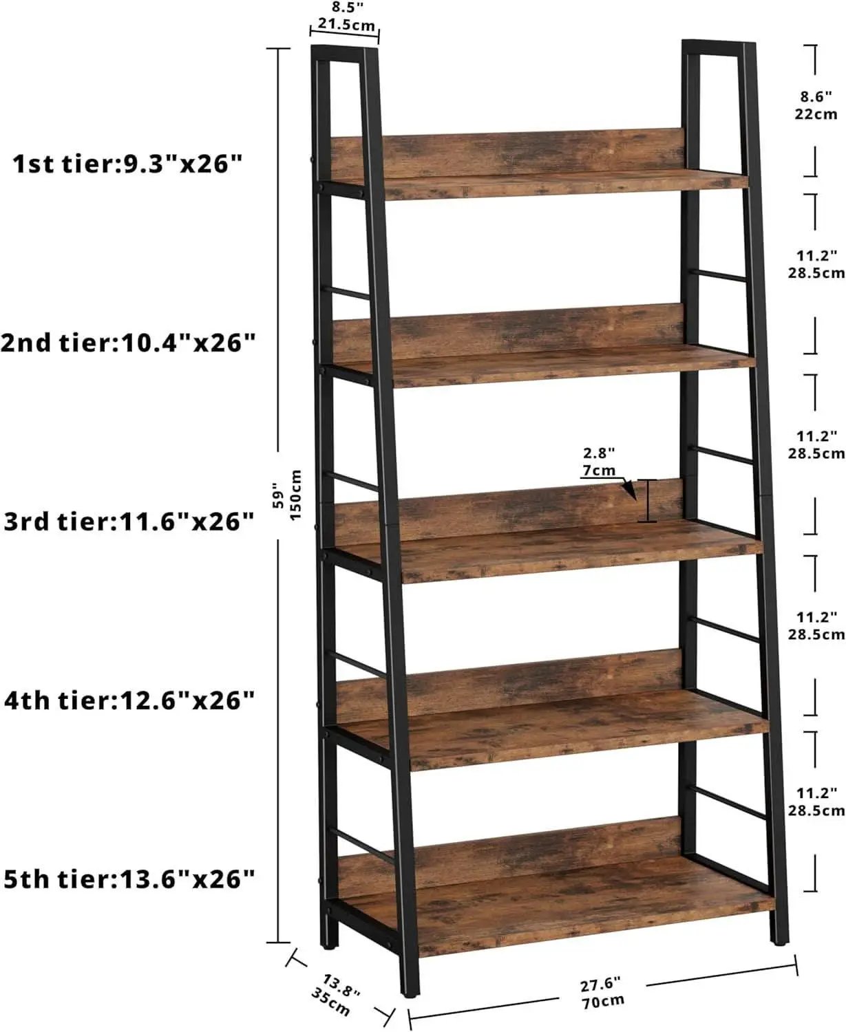 Industrial Ladder Shelf 5 Tier Bookshelf Rustic Brown from PriceLows™