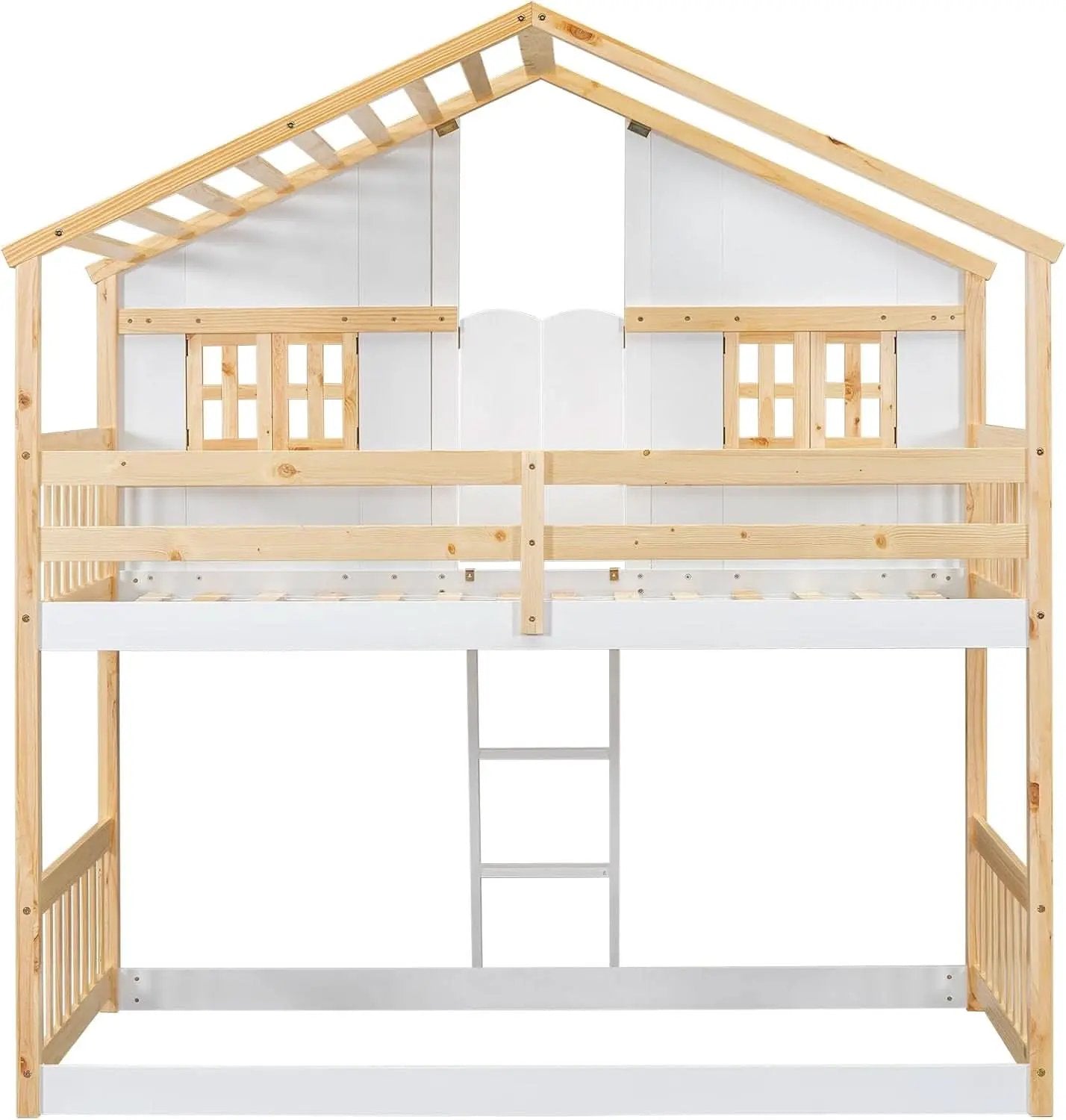 Natural Wood Twin Over Twin House Bunk Bed With Roof from PriceLows™