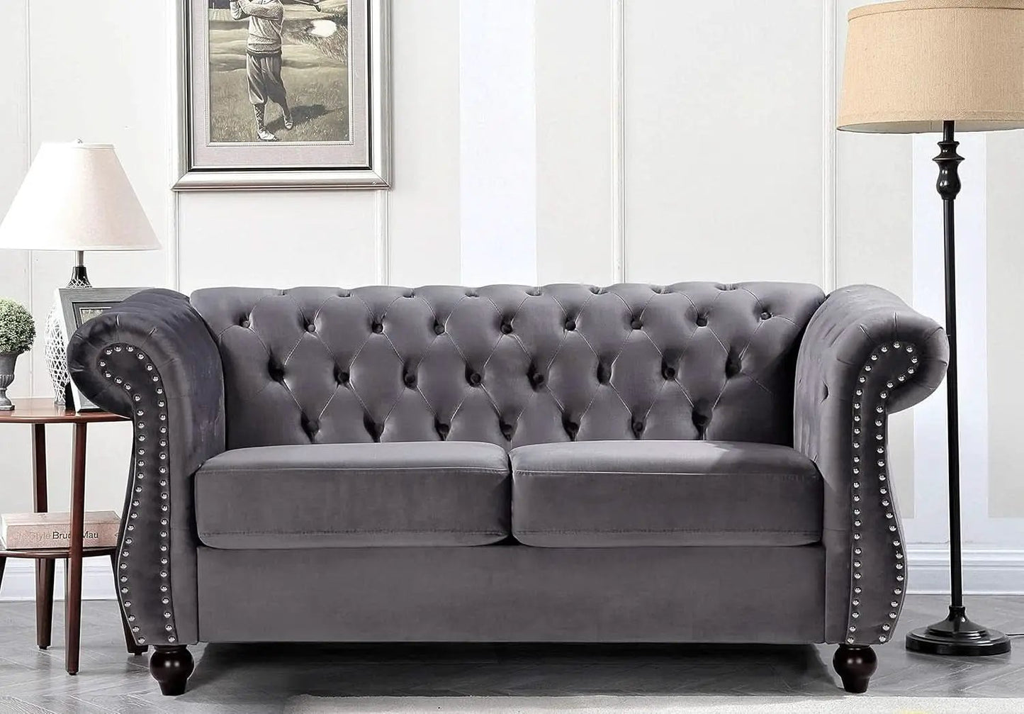 Modern Pink Velvet Chesterfield Loveseat With Tufted Back from PriceLows™