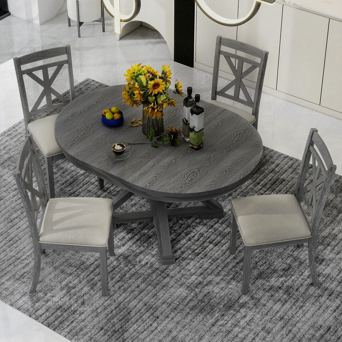 Dining Set | Extendable Round Table | 4 Upholstered Chairs | Linen