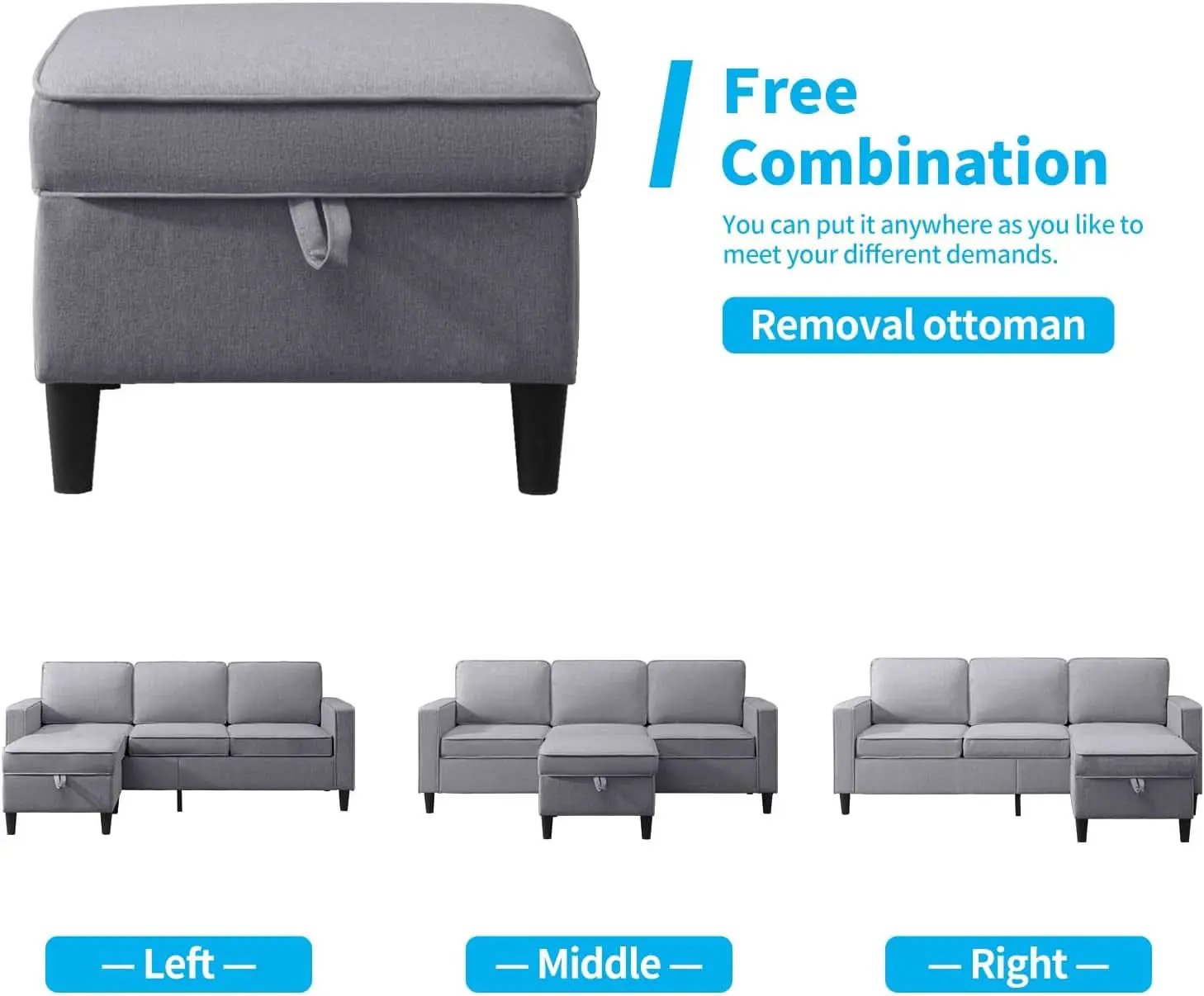 Light Grey Convertible Sofa Set With Storage Ottoman from PriceLows™