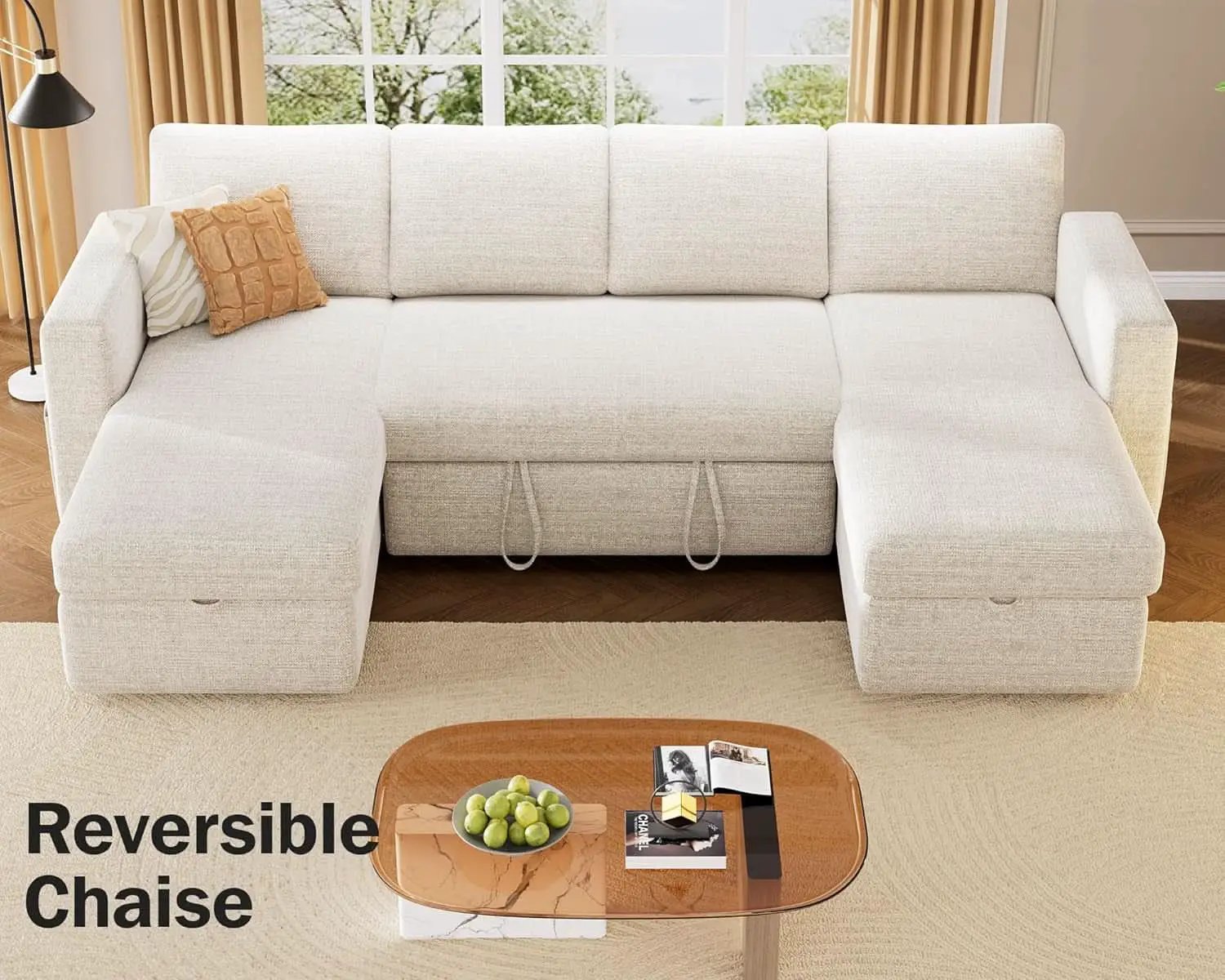 105Inch UShaped SectionalSofa With Pullout Bed Beige from PriceLows™