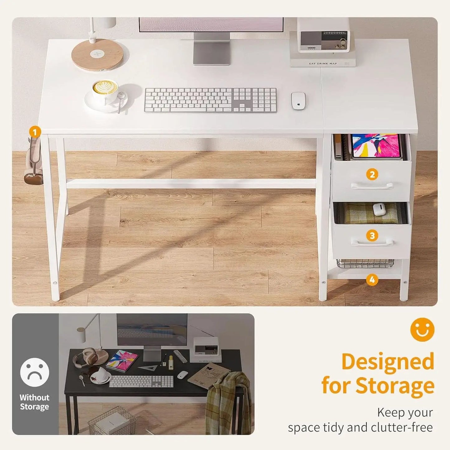 47 Inch White Ergonomic Executive Desk With Drawers from PriceLows™