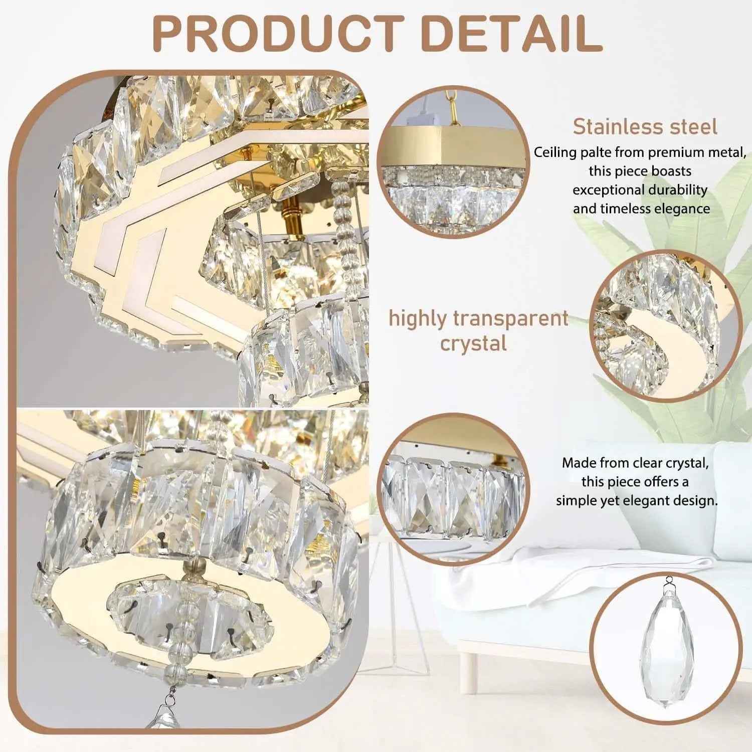 Gold Crystal Chandelier 12 Inch Dimmable Flush Mount from PriceLows™