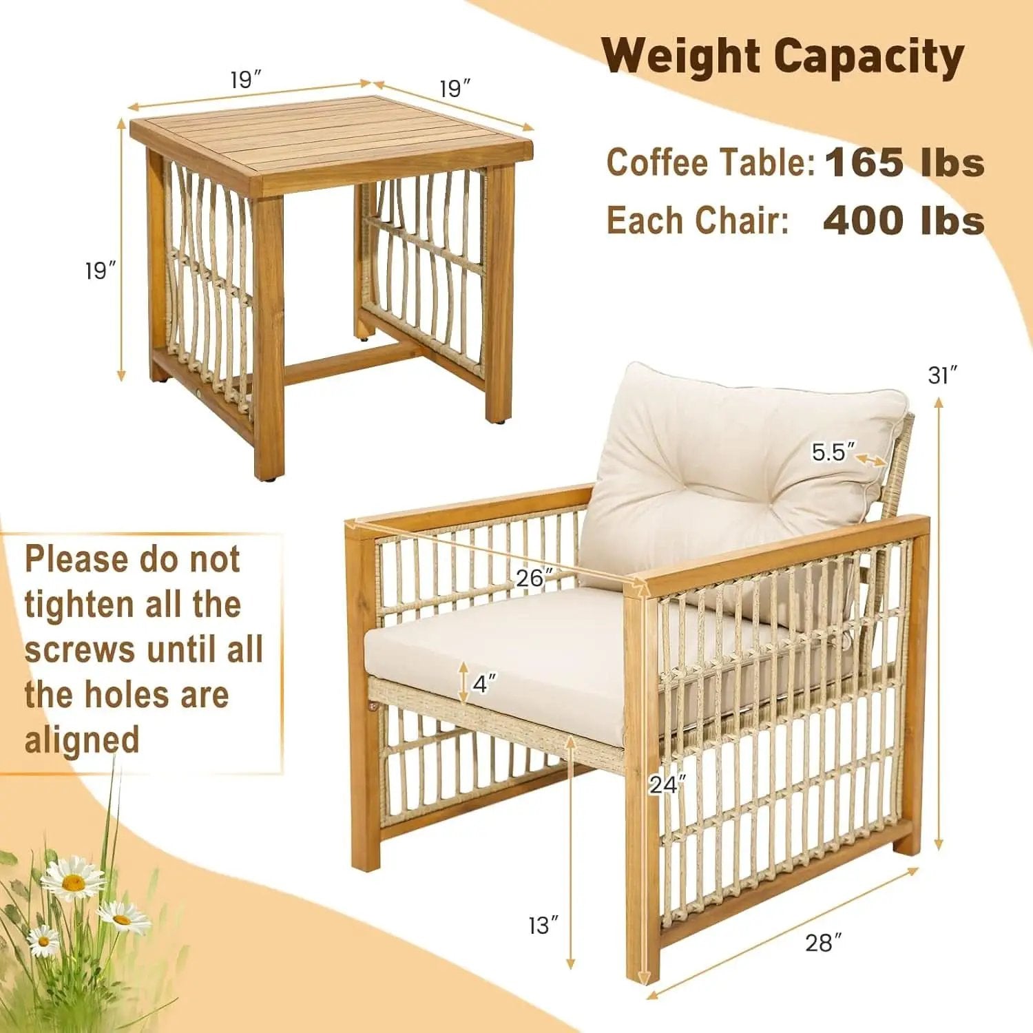 3 Piece Acacia Wood Patio Furniture Set With Beige PE Wicker Cushioned Chairs And Coffee Table from PriceLows™