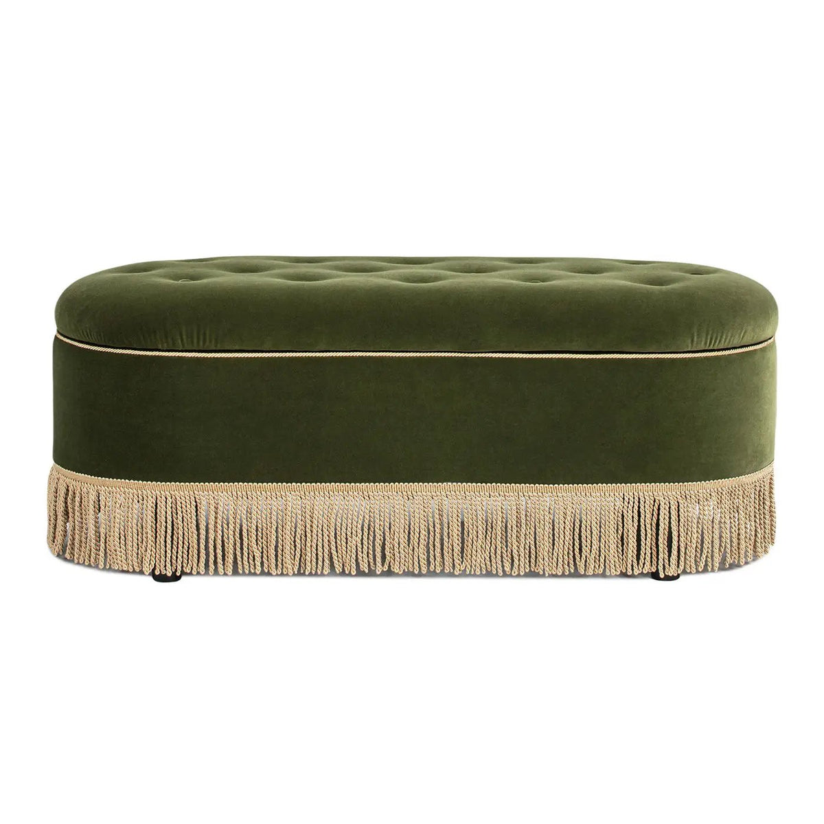Melinda Oval Storage Bench | Button Tufted Seat | Bullion Fringe | Flip-Top Compartment
