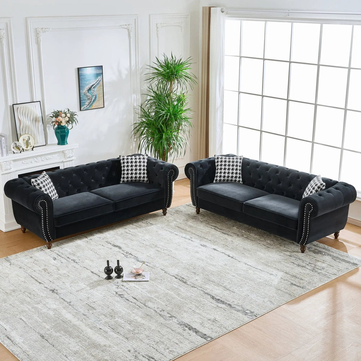 Chesterfield Fabric Sofa | Rolling Arms | Nailhead Trim | 3 Seater