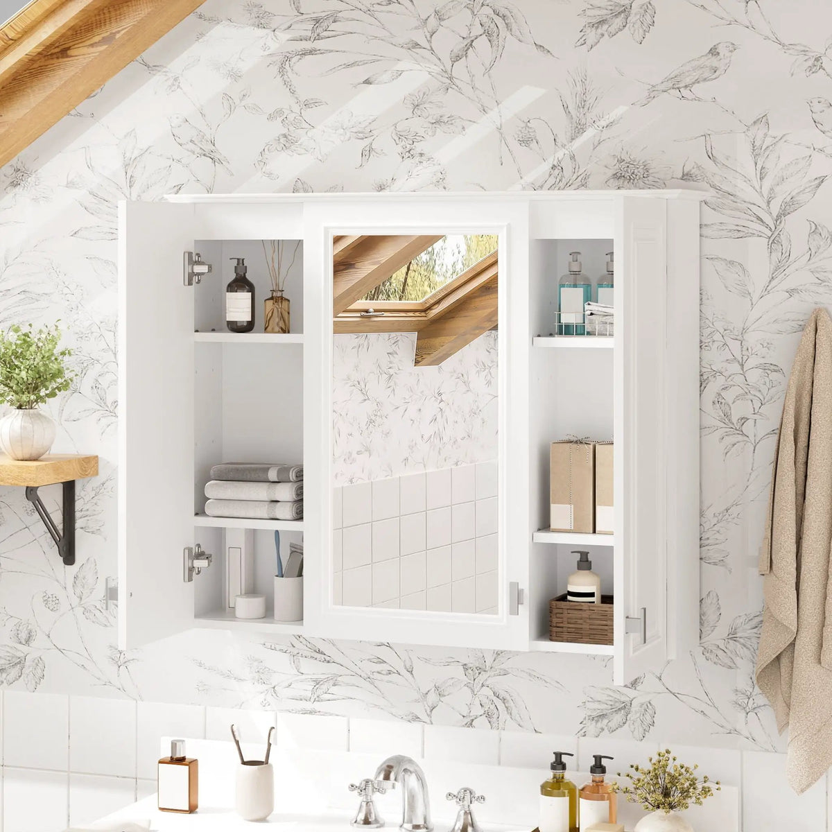 Wall Mounted Mirror Cabinet | 5 Adjustable Shelves | HD Mirror | White