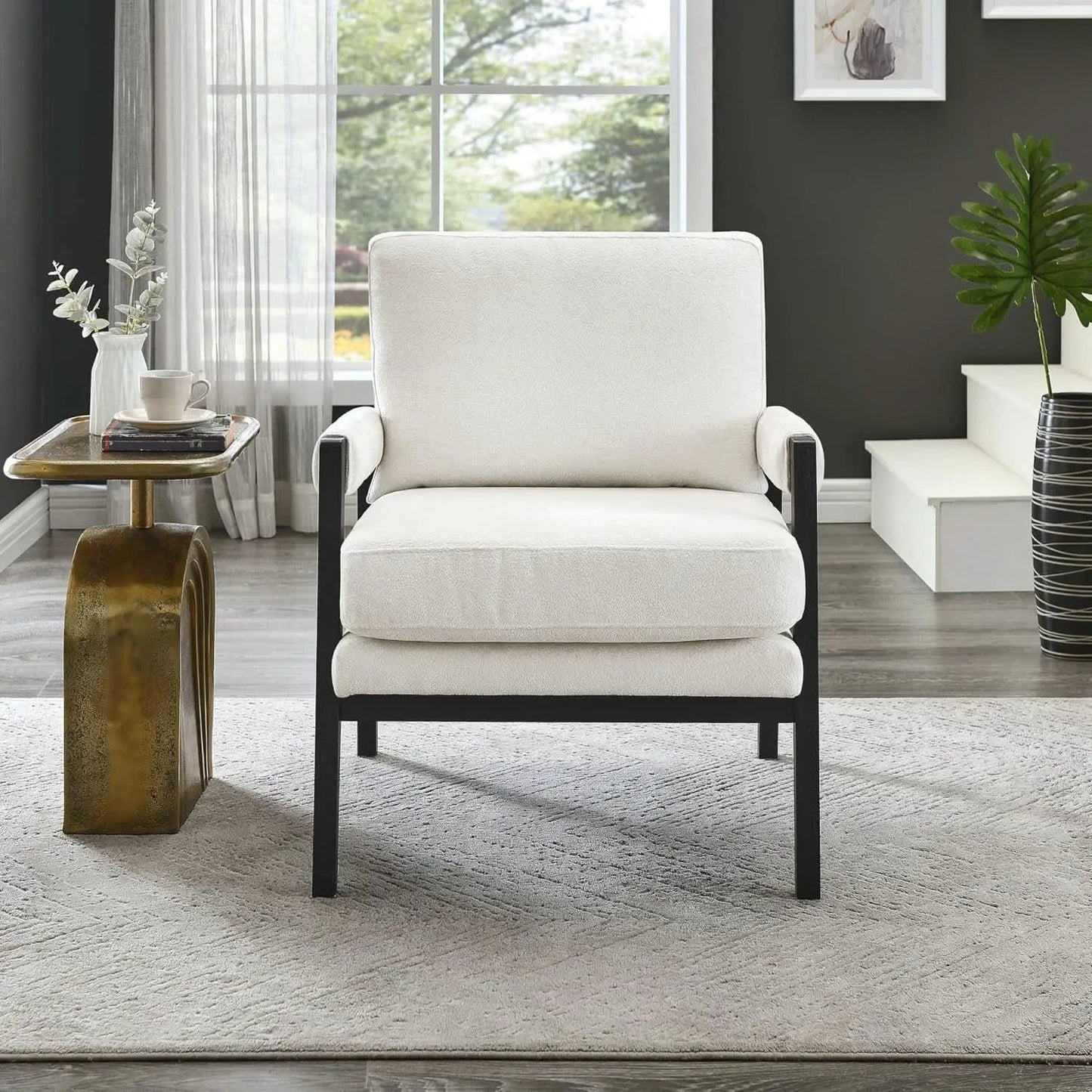 White Chenille Upholstered Mid Century Accent Armchair from PriceLows™