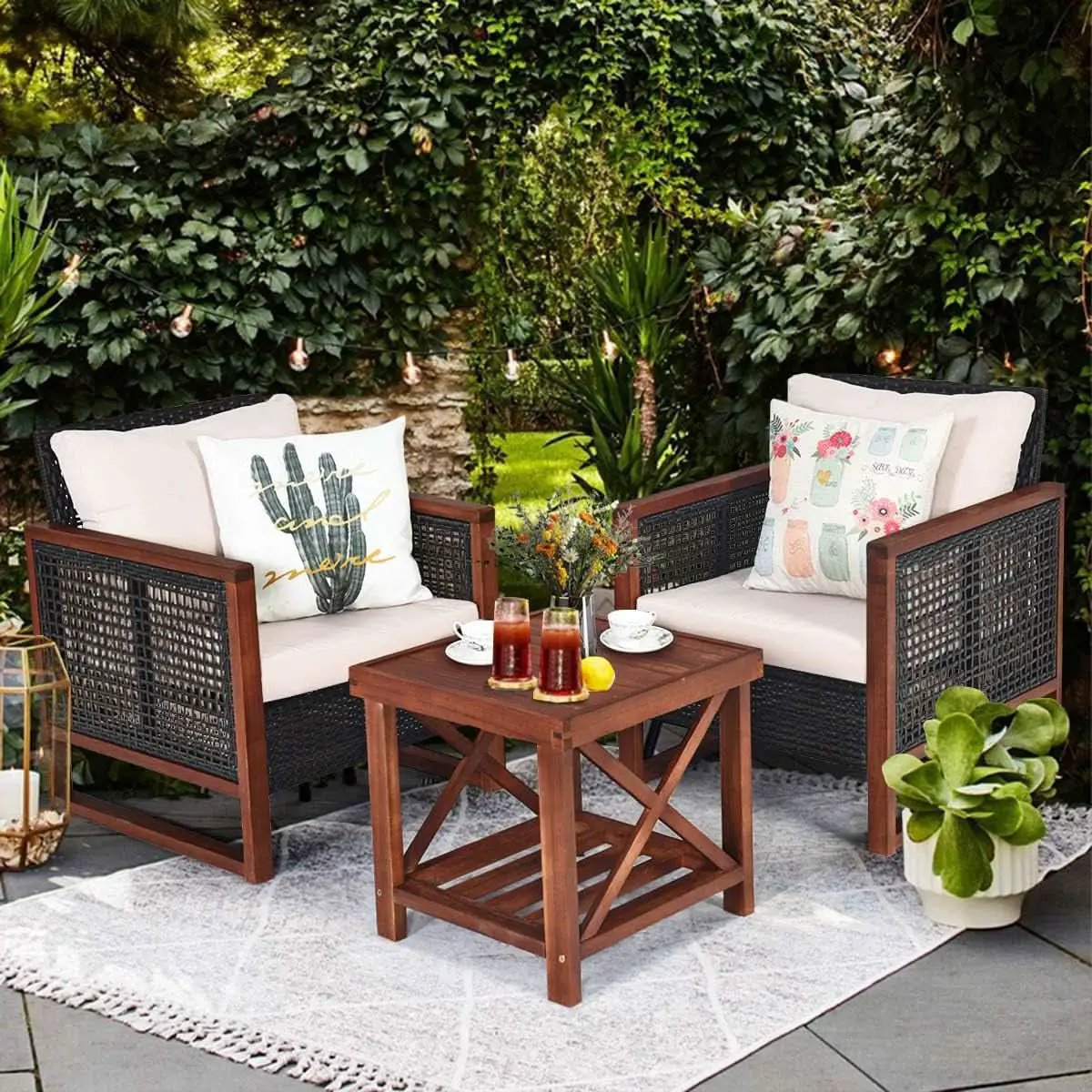 3 Piece Patio Wicker Furniture Set With Beige Washable Cushions And Acacia Wood Coffee Table from PriceLows™