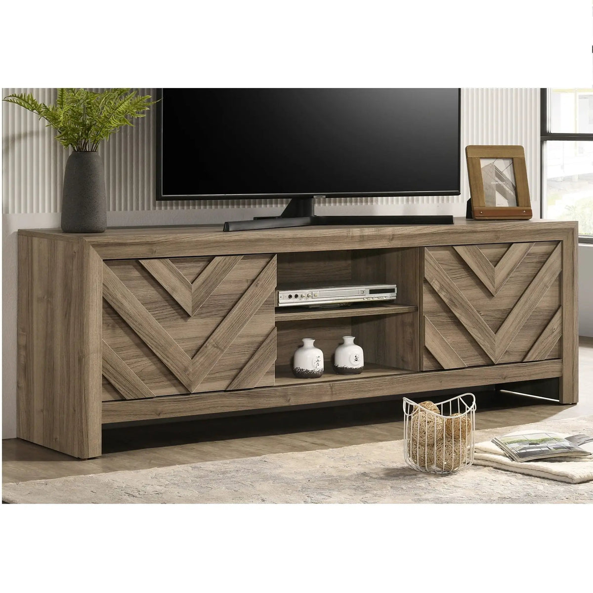 Chevron Patterned TV Stand | Living Room Media Console | Light Brown Finish | 71.2 Inch Length
