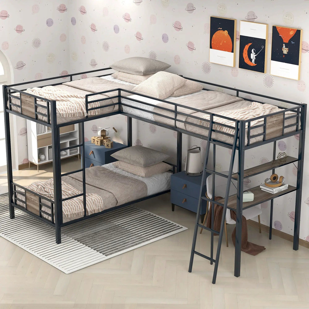 L-Shaped Twin Bunk Bed | Built In Desk | Twin Over Twin | Brown