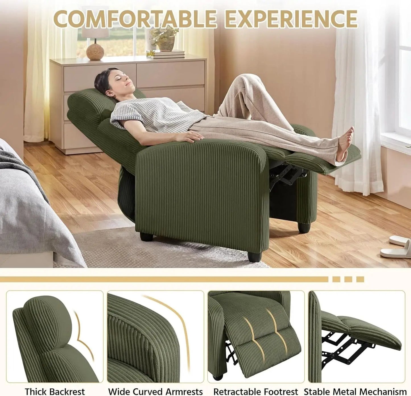 Dark Green Corduroy Adjustable Recliner Chair For Living Room from PriceLows™