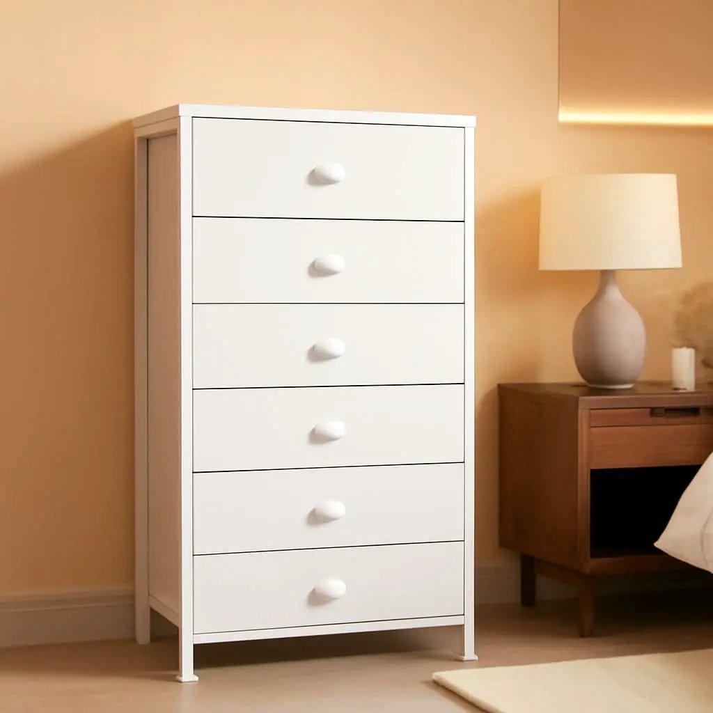 White Tall Dresser With Six Fabric Drawers For Organization from PriceLows™