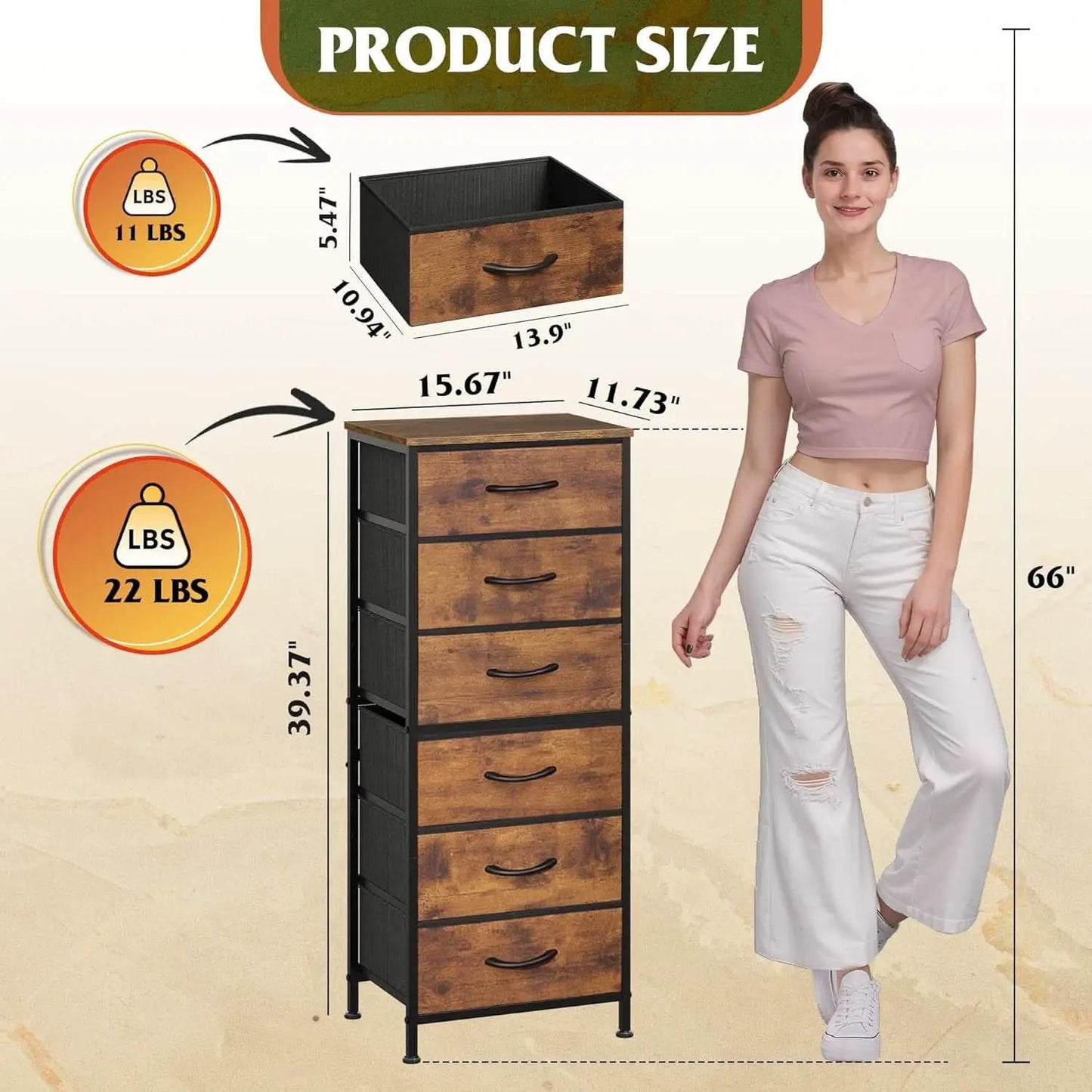 Tall Fabric Dresser With 6 Drawers And Wood Top Rustic Brown from PriceLows™