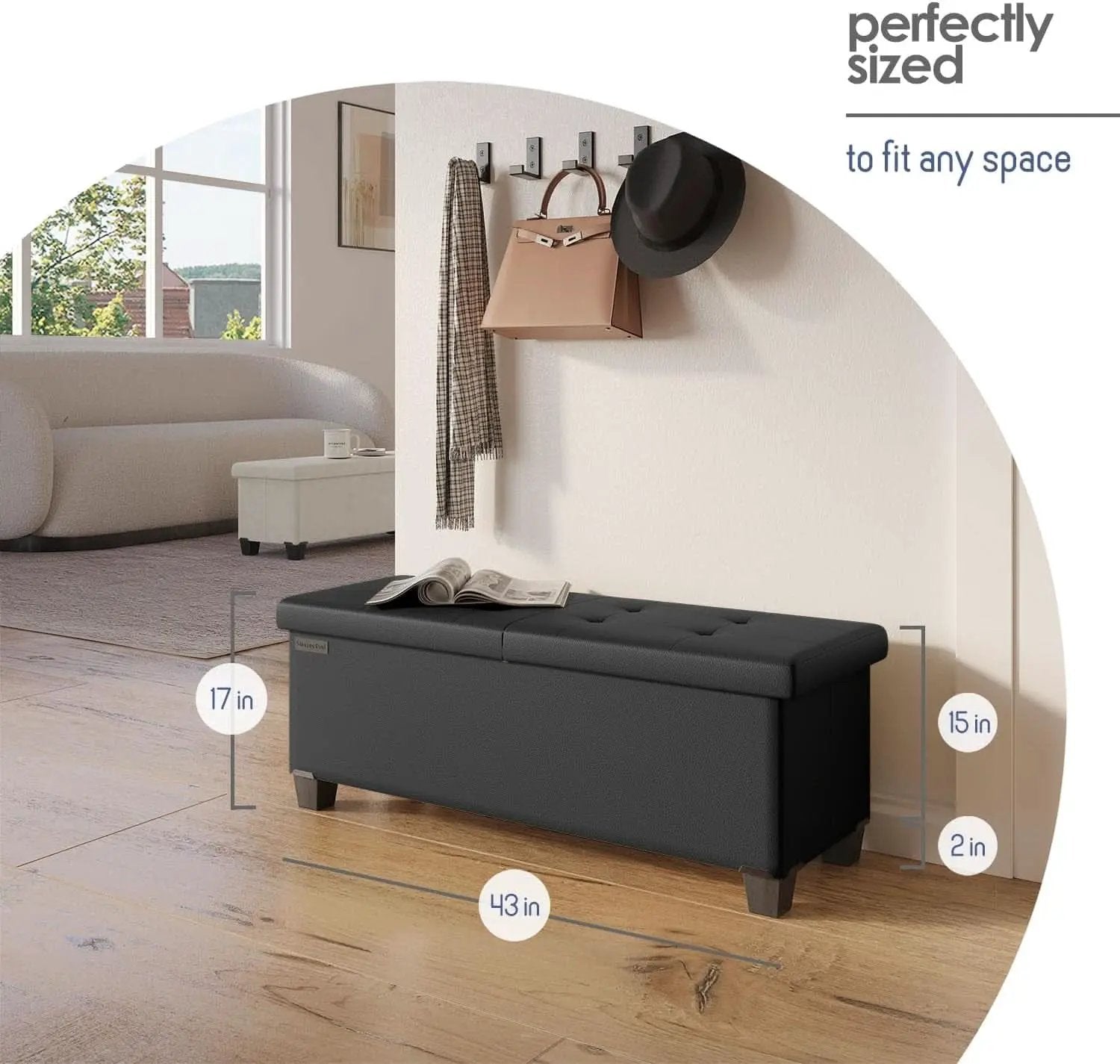 Black Forty ThreeInch Premium Multifunctional Storage Ottoman Bench from PriceLows™