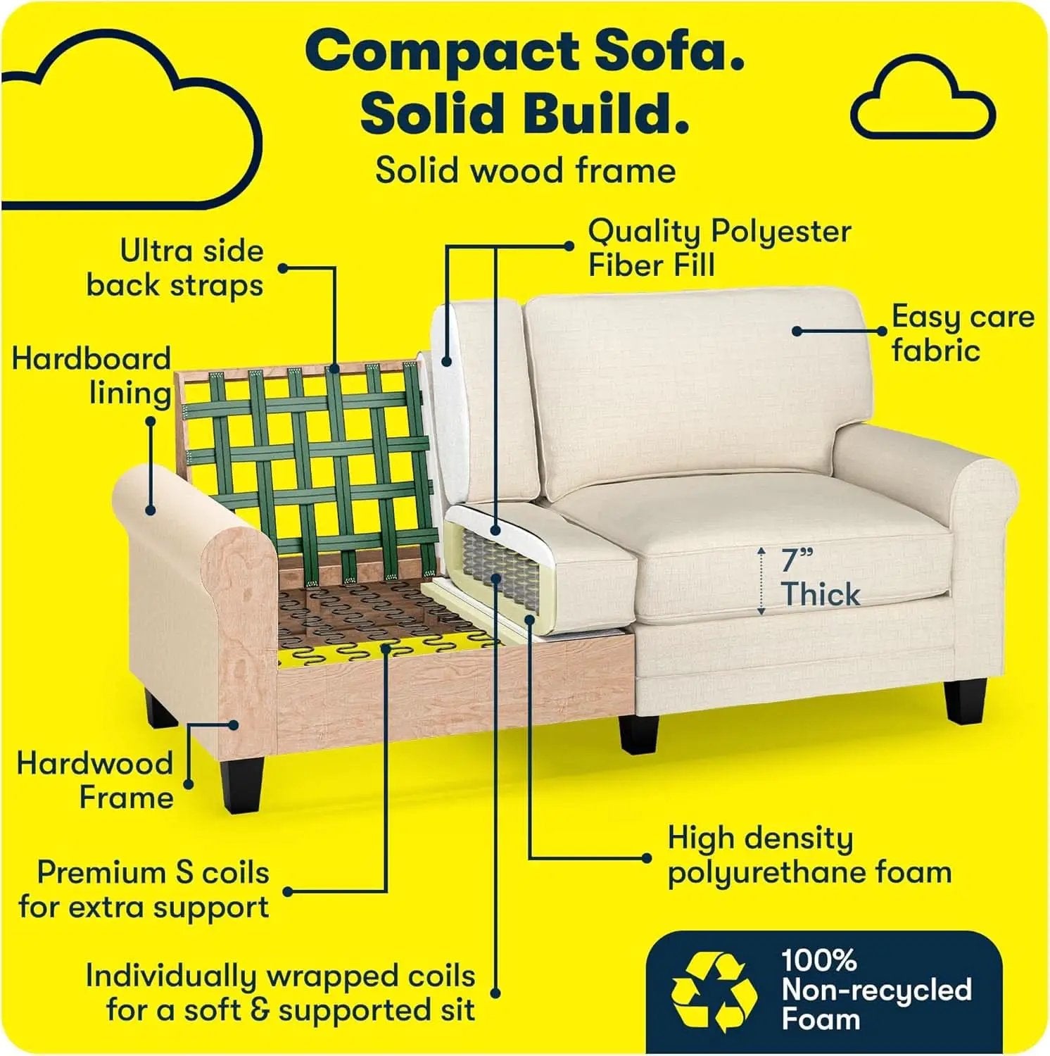 Copenhgen 73 Inch Rolled Arm Sofa Buttercream With Removable Covers from PriceLows™