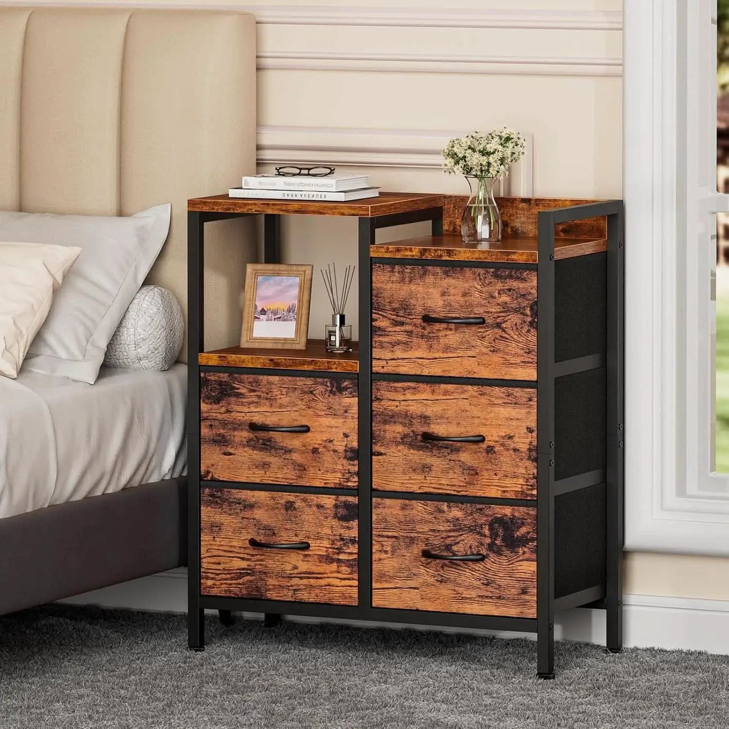 5 Drawer Rustic Brown Dresser With Metal Frame For Bedroom from PriceLows™