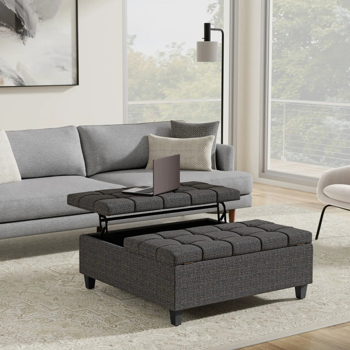 Coffee Table Storage Ottoman | Lift Top Hinge | Solid Wood Base | Large Square