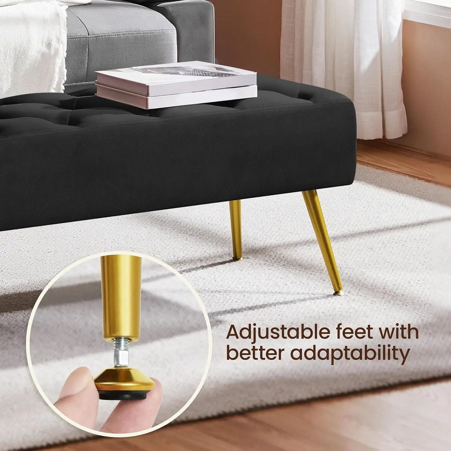 Black Velvet Upholstered Ottoman Bench Golden Legs from PriceLows™
