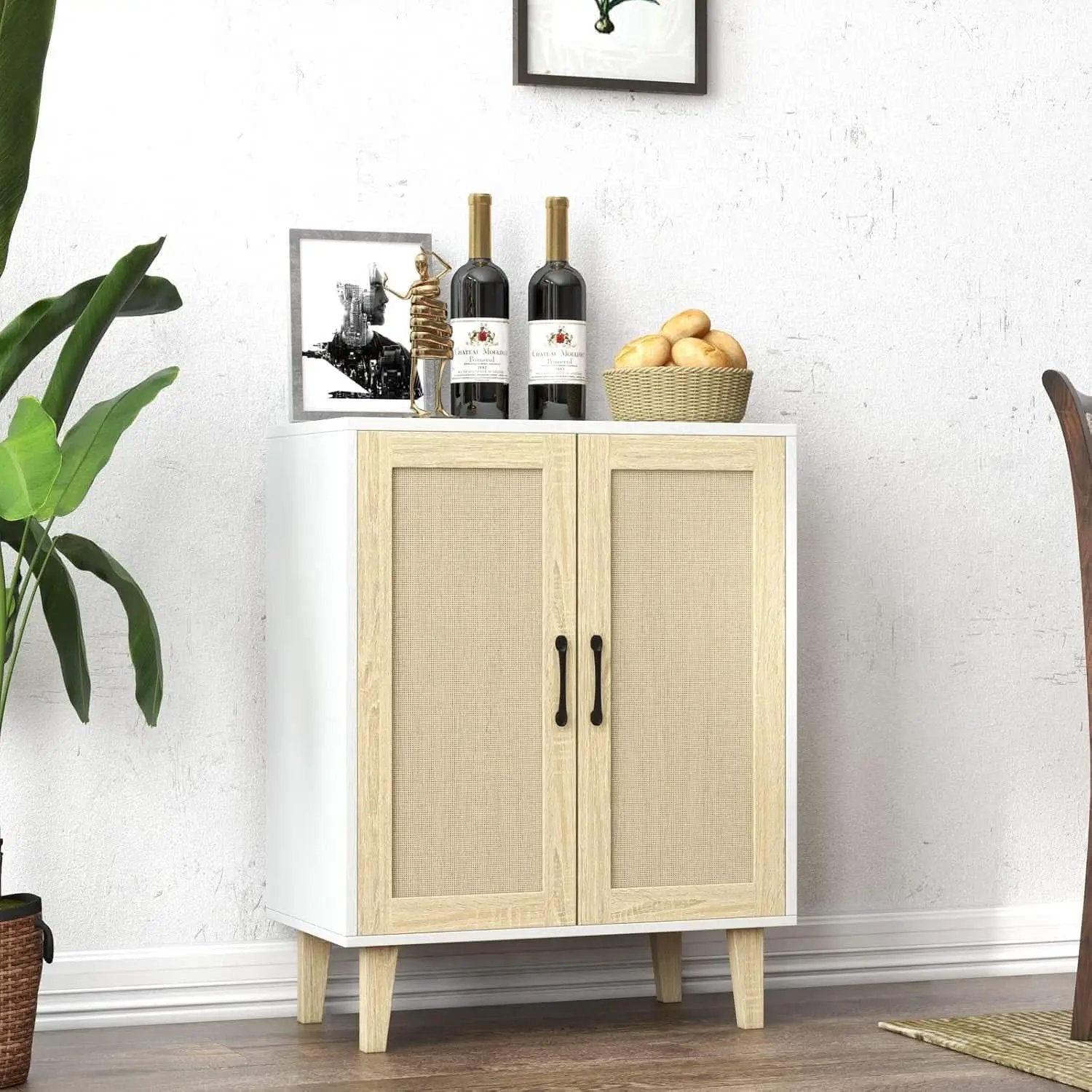 White Buffet Cabinet Sideboard With Rattan Doors Storage from PriceLows™