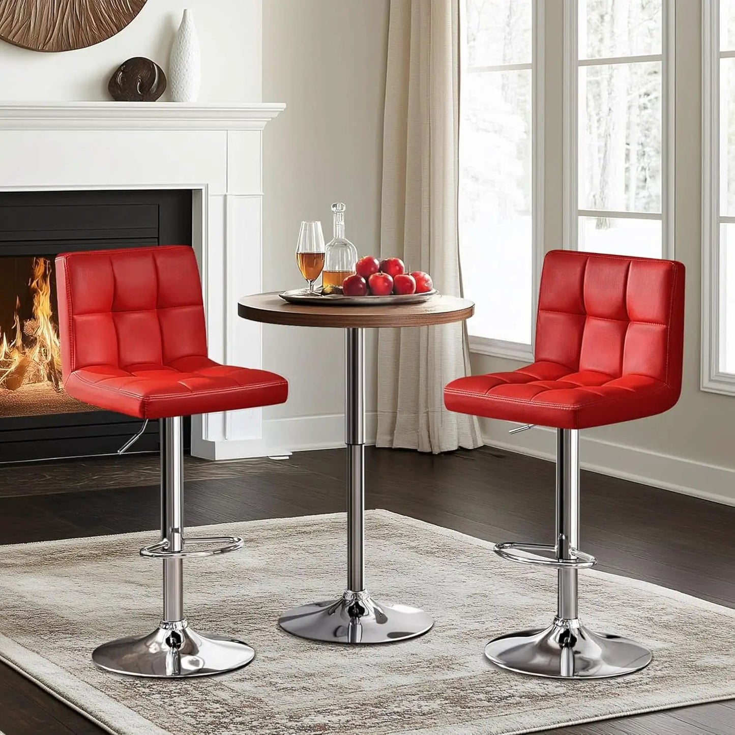 Red Adjustable PU Leather Swivel Bar Stools Set Of 2 from PriceLows™