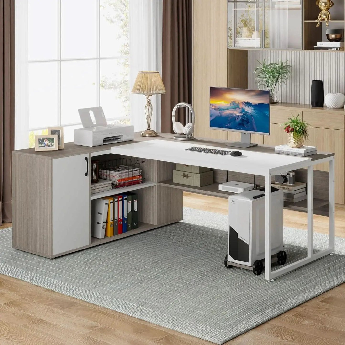 71 Inch Executive L Shaped Desk Cabinets Gray And White from PriceLows™