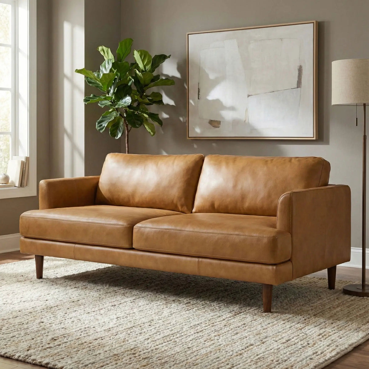 Livingston Upholstered Sofa | Genuine Aniline Leather | 7 Inch Thick Cushions | 76 Inch Length
