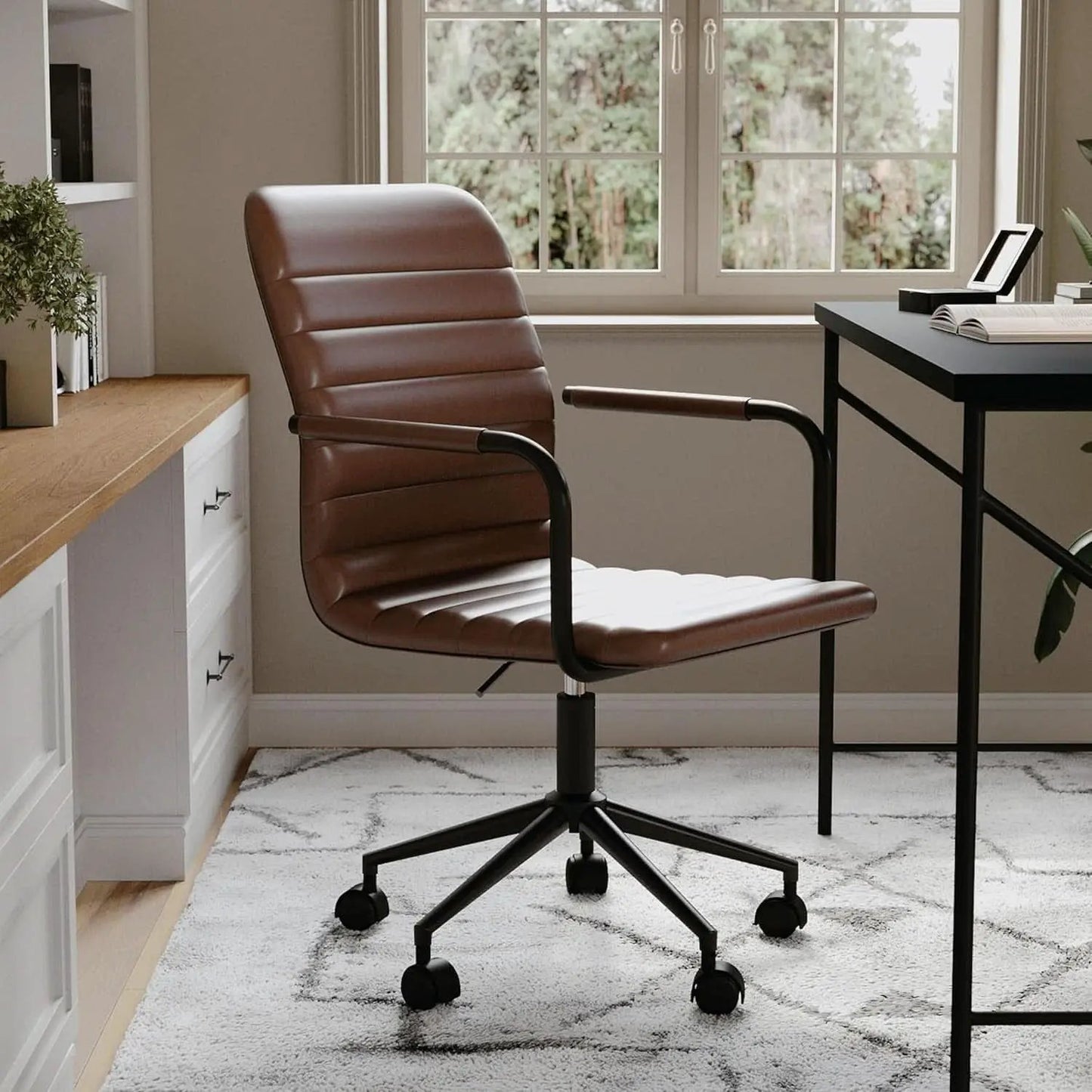 Saddle Brown Faux Leather Swivel Task Chair With Armrests from PriceLows™