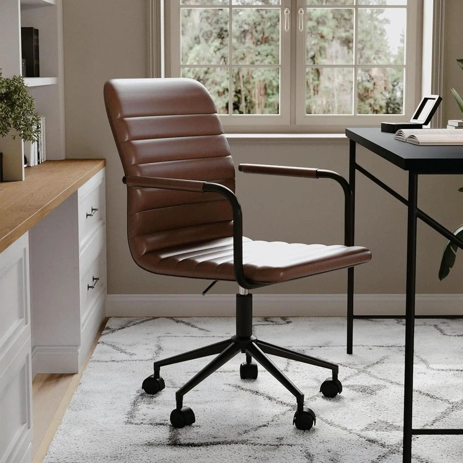 Saddle Brown Faux Leather Swivel Task Chair With Armrests from PriceLows™