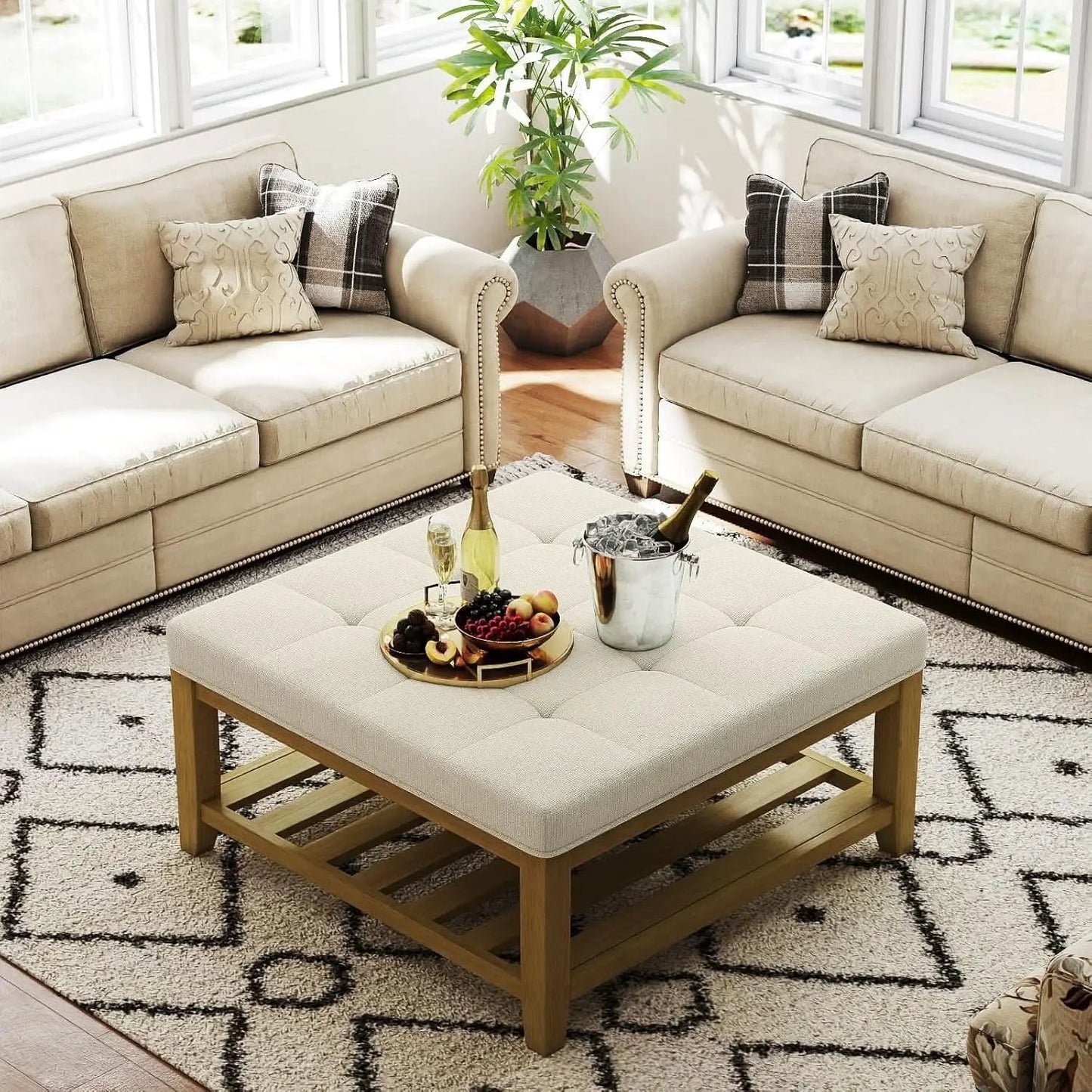 Oversized Ivory Upholstered Ottoman With Wooden Shelf from PriceLows™