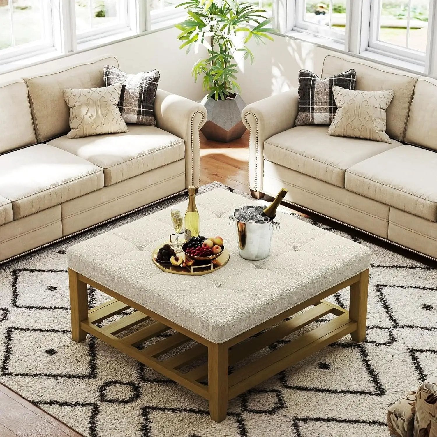 Oversized Ivory Upholstered Ottoman With Wooden Shelf from PriceLows™