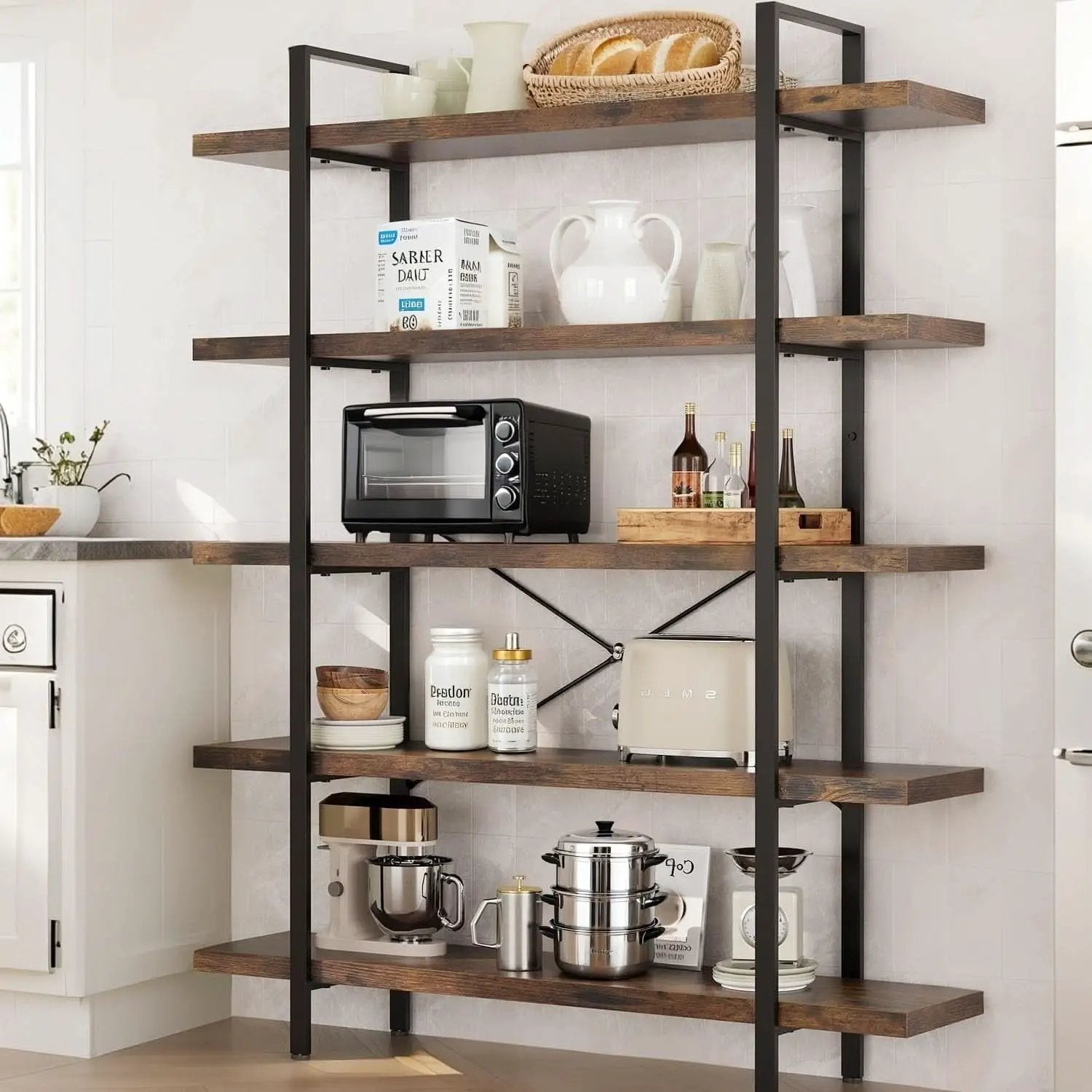Brown 47 Inch Wide Industrial Bookcase Open Shelves from PriceLows™