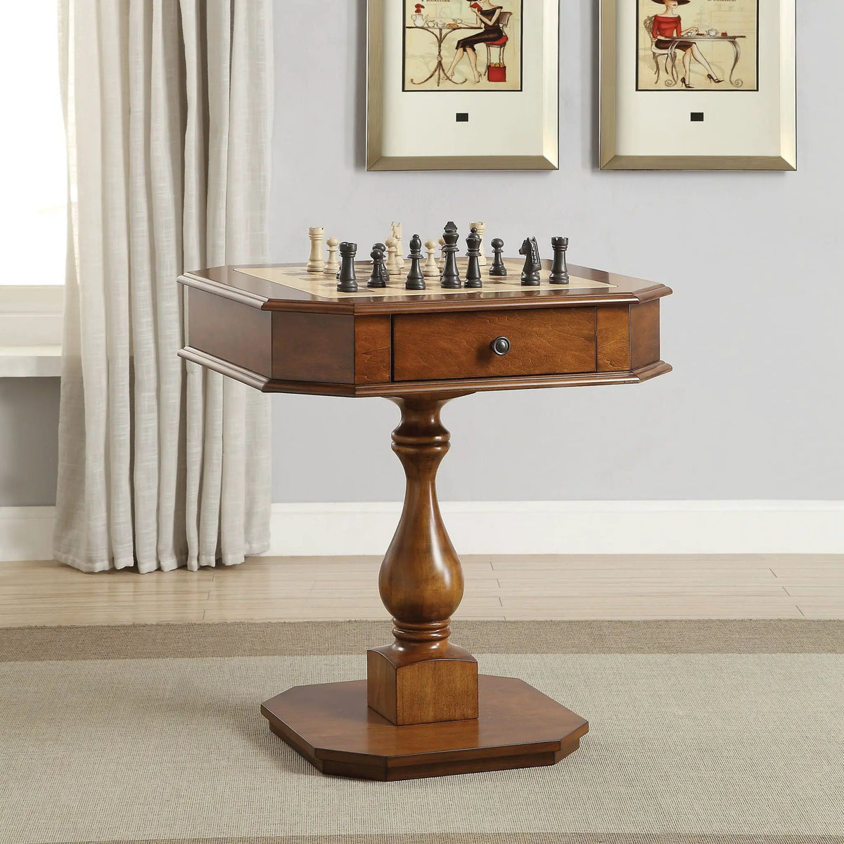 Bishop Chess Checker Game Table | Reversible 3-In-1 Game Tray | Two Drawers | Rich Finish