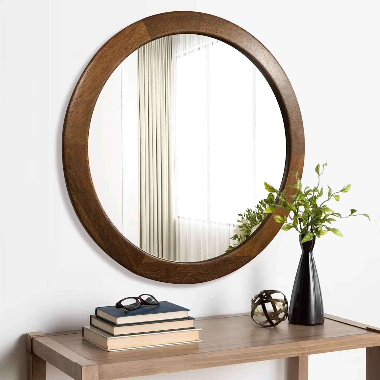 30 Inch Walnut Round Wall Mirror Rustic Style from PriceLows™