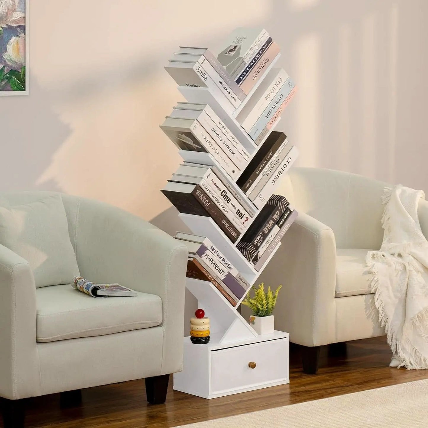 8 Tier Tree Bookshelf With Drawer White Wood Space Saving from PriceLows™