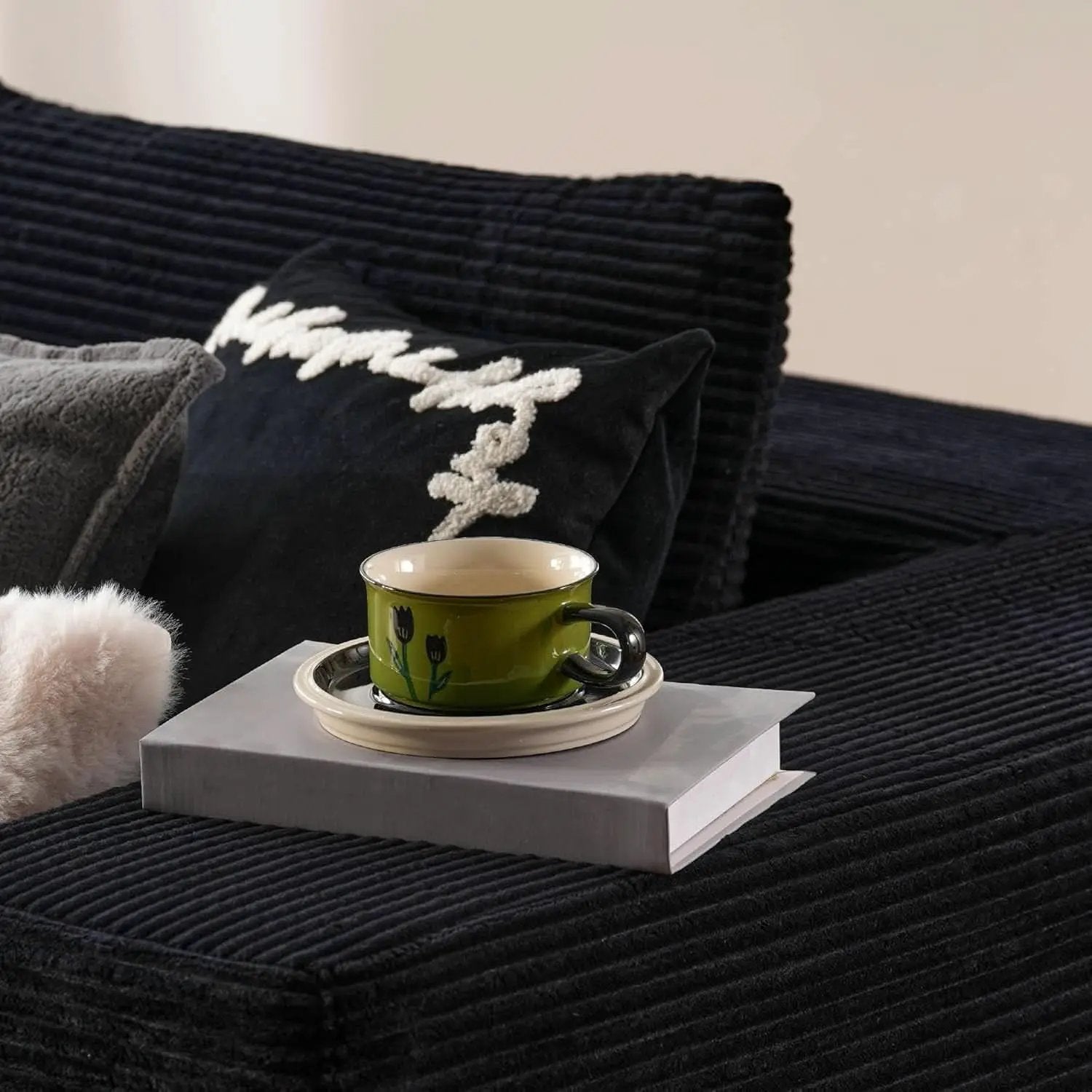 104 Inch Black Corduroy L Shaped Sectional Sofa Deep Set Upholstered Modular Couch No Assembly from PriceLows™