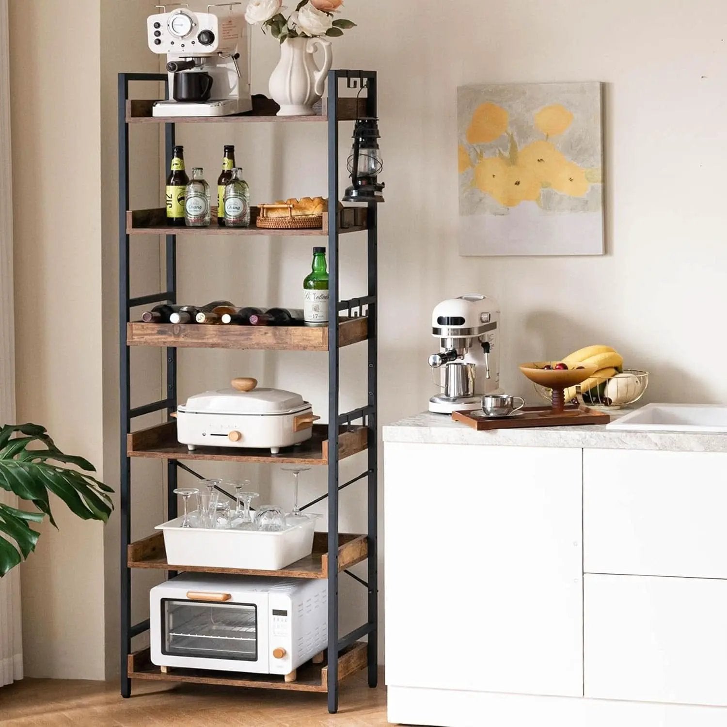 Adjustable Six Tier Industrial Wood Black Metal Bookcase from PriceLows™