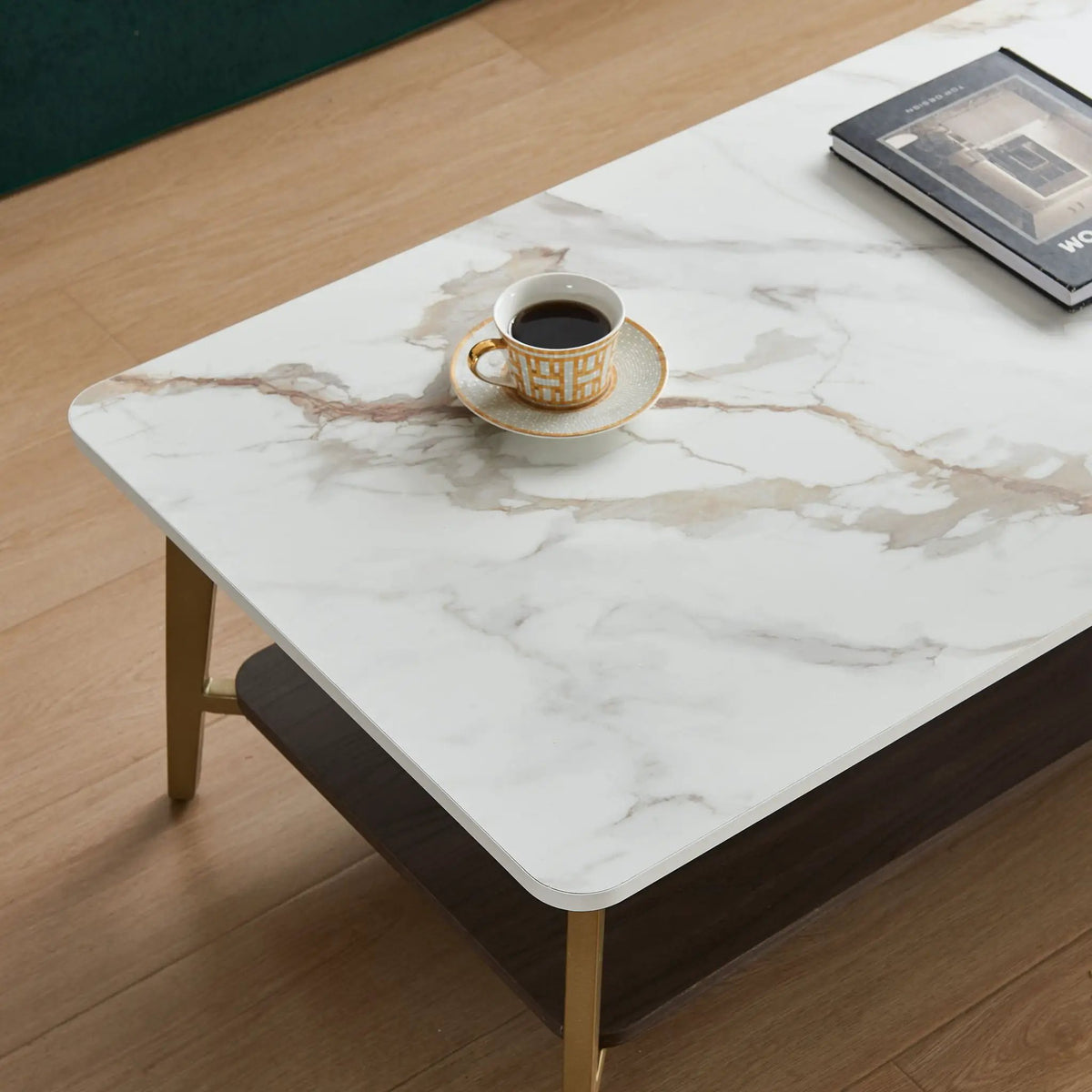 Rectangular Coffee Table | Open Space Design | Golden Metal Frame | MDF Board