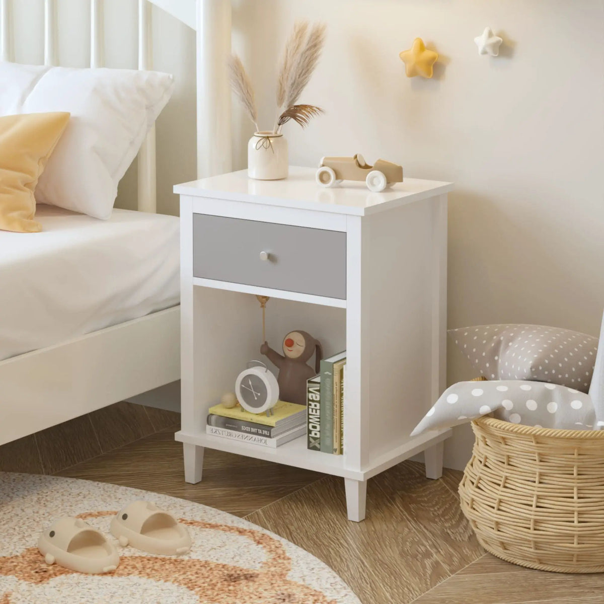 Nightstand With 1 Drawer And 1 Shelf | Aluminum Handles | Tip-Over Restraint | Child-Safe Design