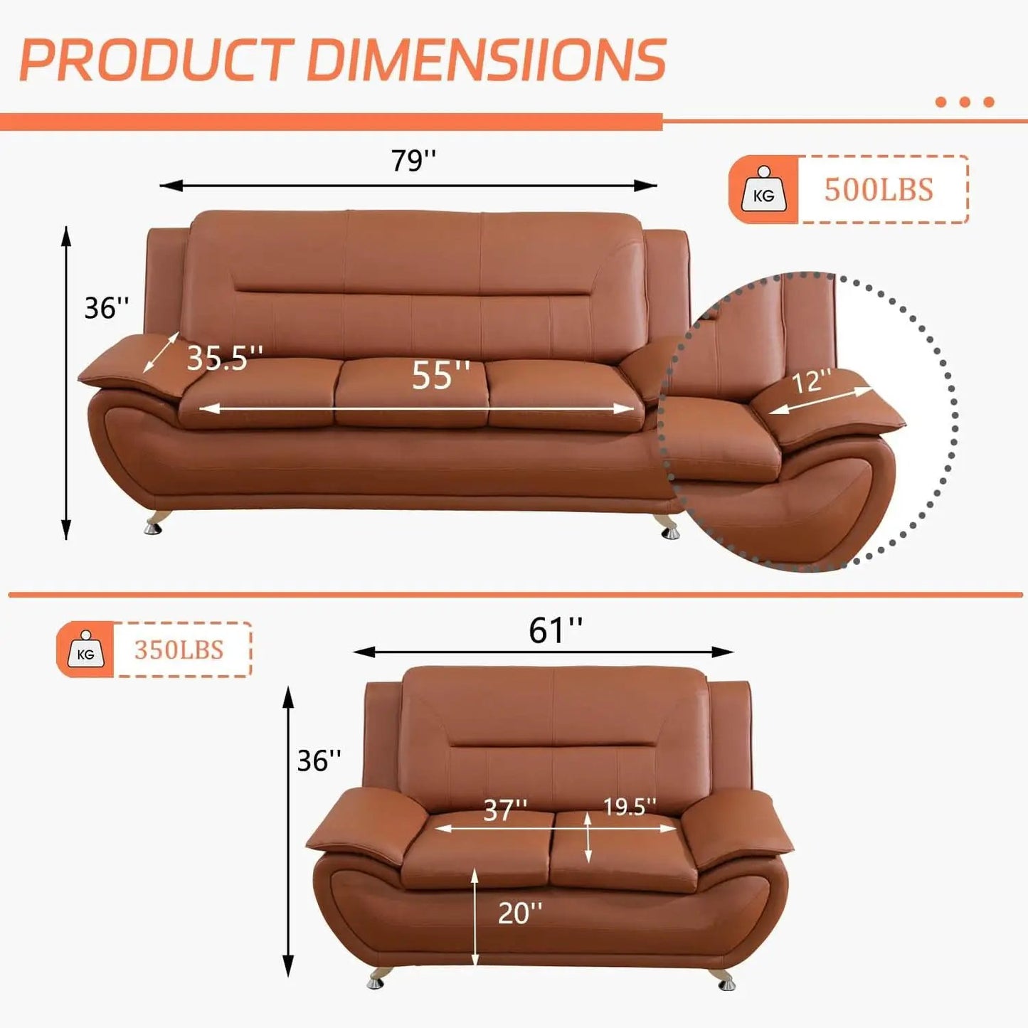 Faux Leather Two Piece Sofa Set In Orange With Wood Frame from PriceLows™