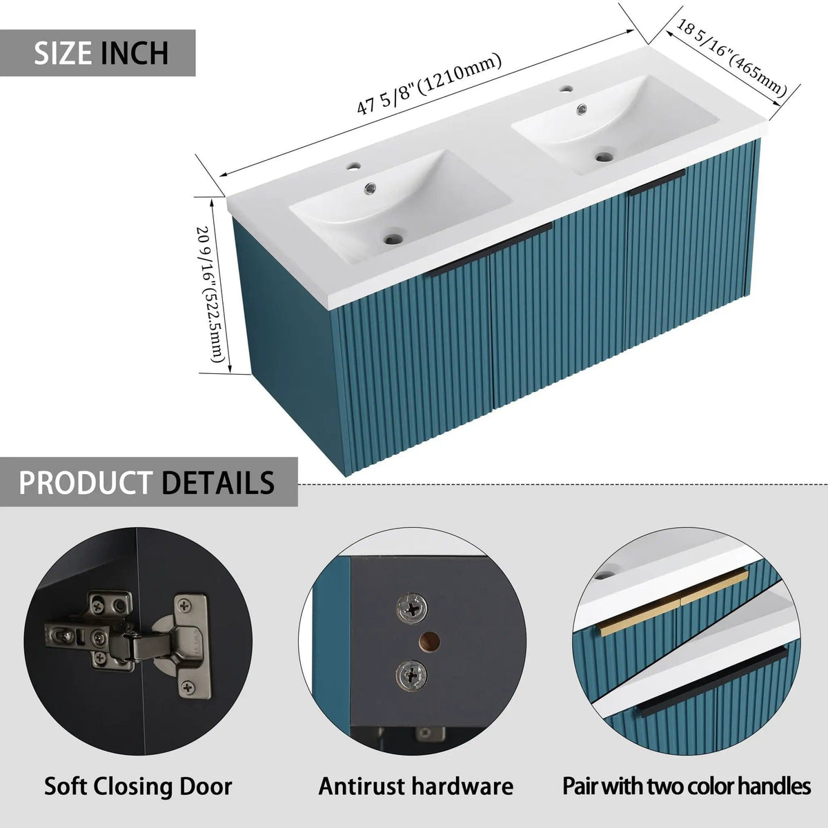 Contemporary Wall Mounted Bathroom Vanity With Resin Double Sink | 6 Pieces | Metal & Plywood | Bathroom