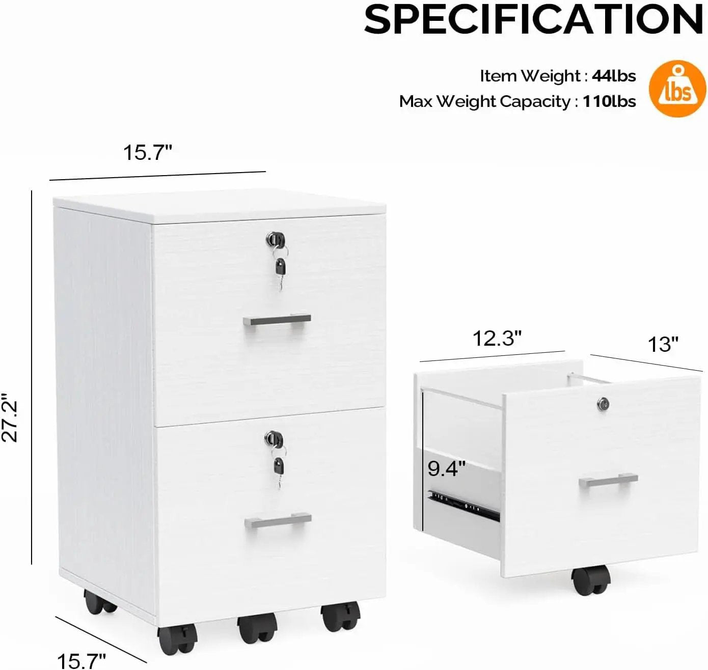 2 Drawer Locking File Cabinet For Letter Size Folders With Tabs, Mobile Under Desk from PriceLows™