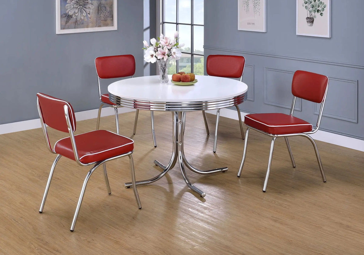 Retro Round 42-inch Wood Top Dining Table White and Chrome | 42 x 42 x 30 in | Engineered Wood & Veneer | Dining Room