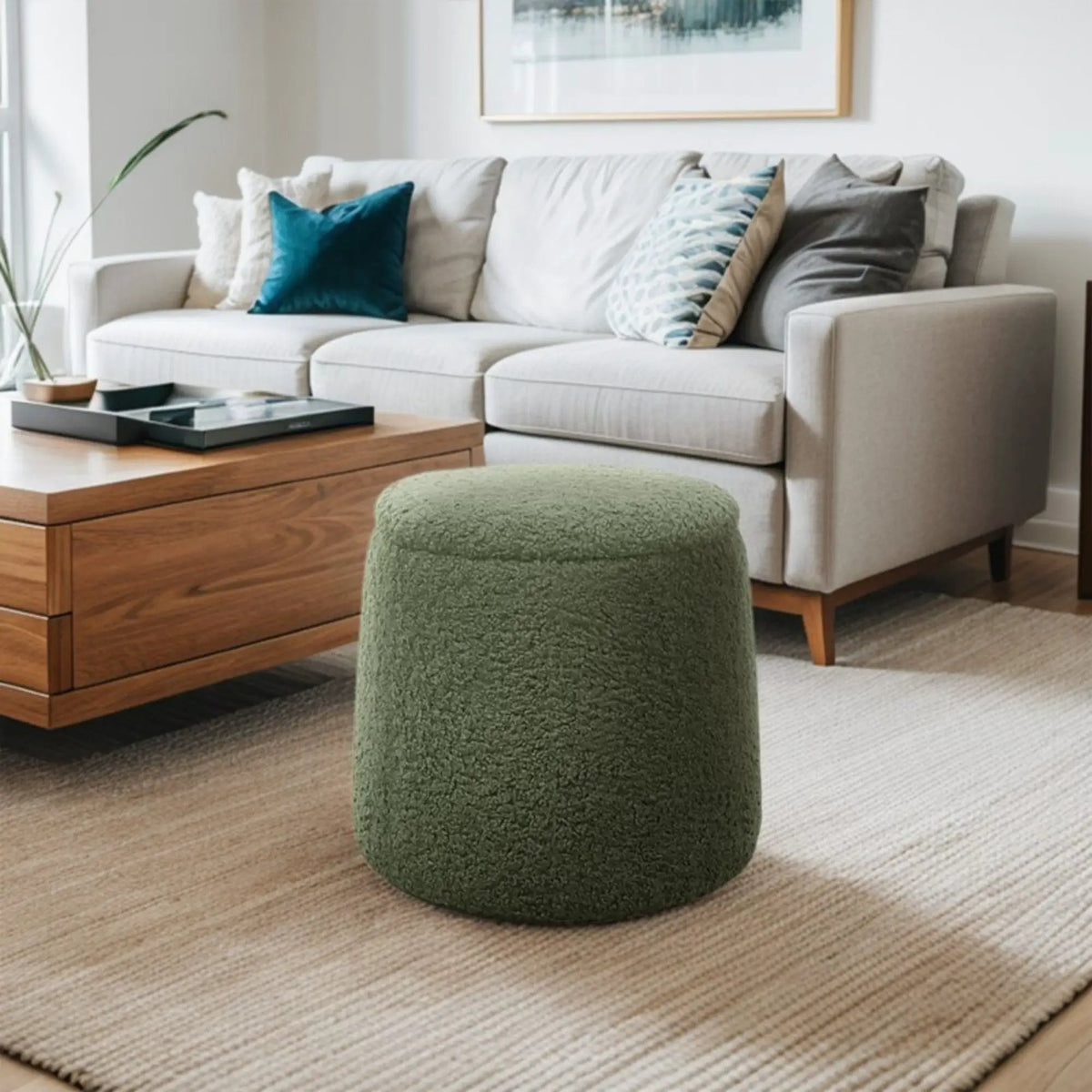 Round Storage Ottoman | Upholstered Soft Fabric | High Density Foam | Built-In Compartment