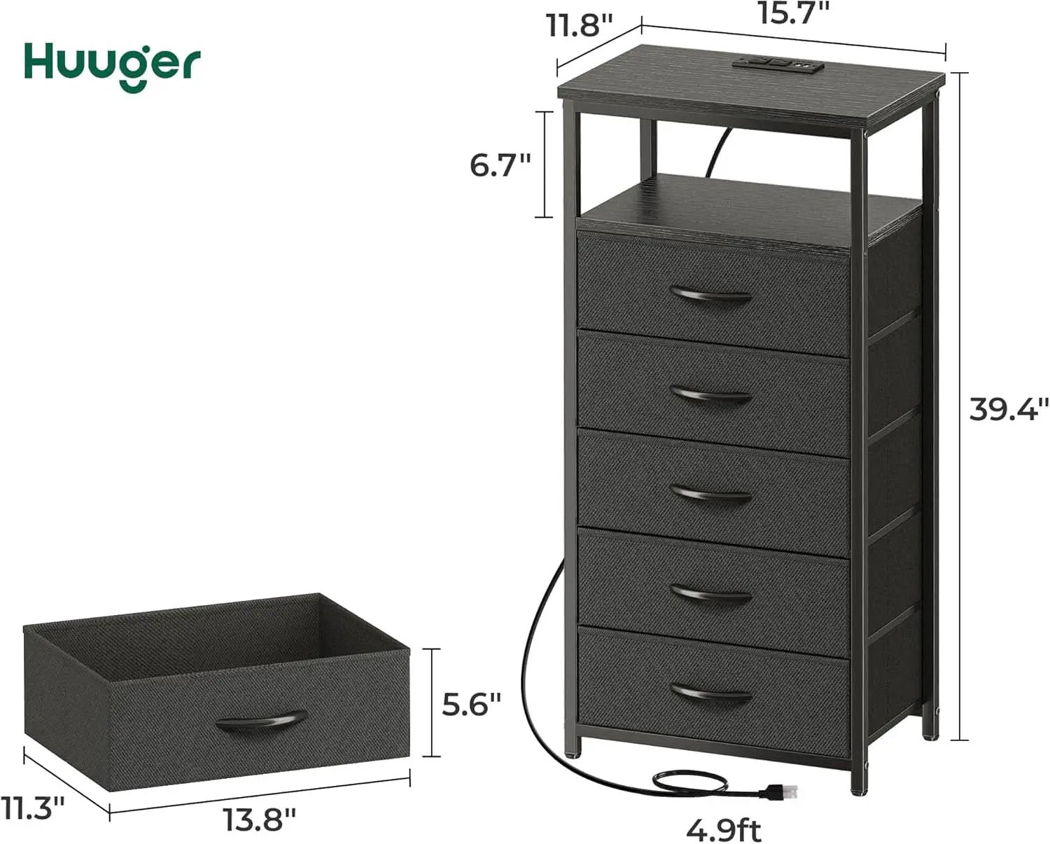 Black Five Drawer Dresser With Integrated Charging Station from PriceLows™